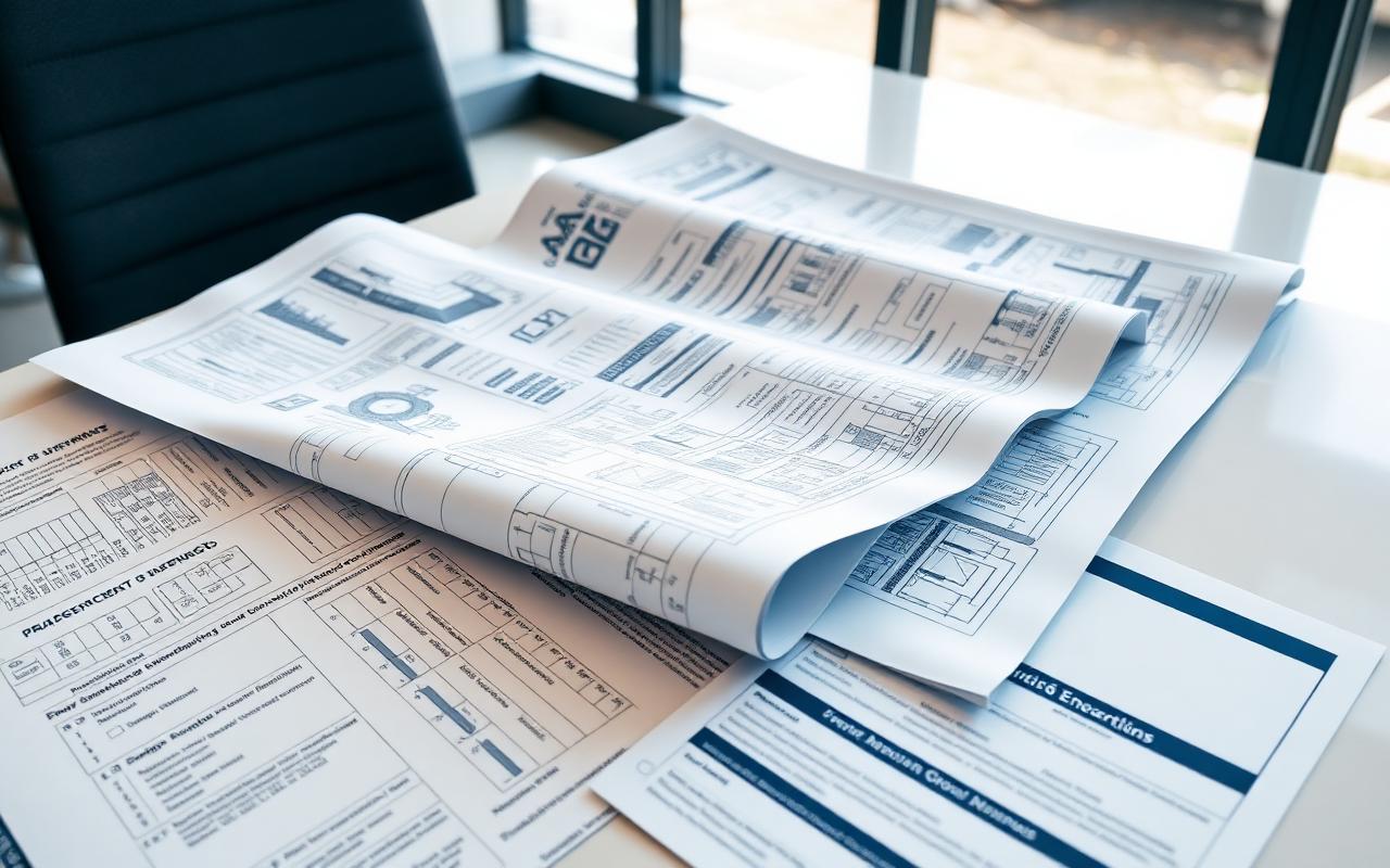 Documentos técnicos de projeto executivo em mesa de escritório